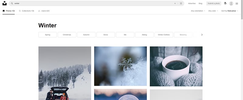 Unsplash-winter搜尋結果畫面。