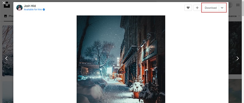 Unsplash 下載圖片的頁面。