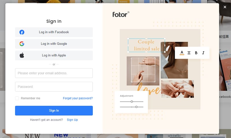 Fotor 的登入註冊頁面。