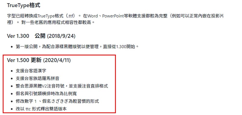 源泉圓體-字型更新內容。